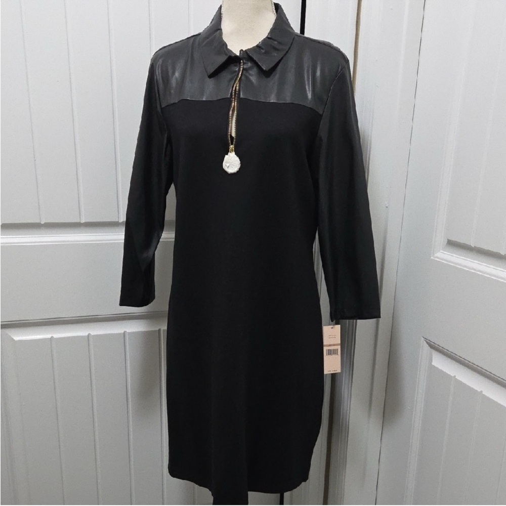 Nanette Lepore Elegant Black Women's Dress With Faux Leather Gold Zipper Details